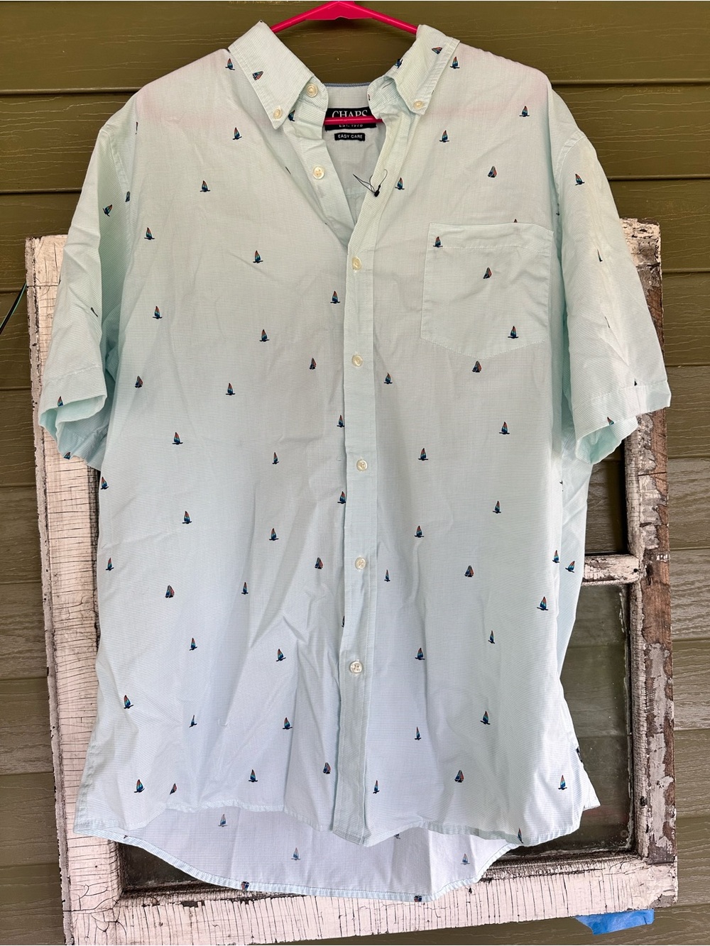 Chaps Nautical Mint Green Short-Sleeve Button-Down Shirt with Sailboat Embroider